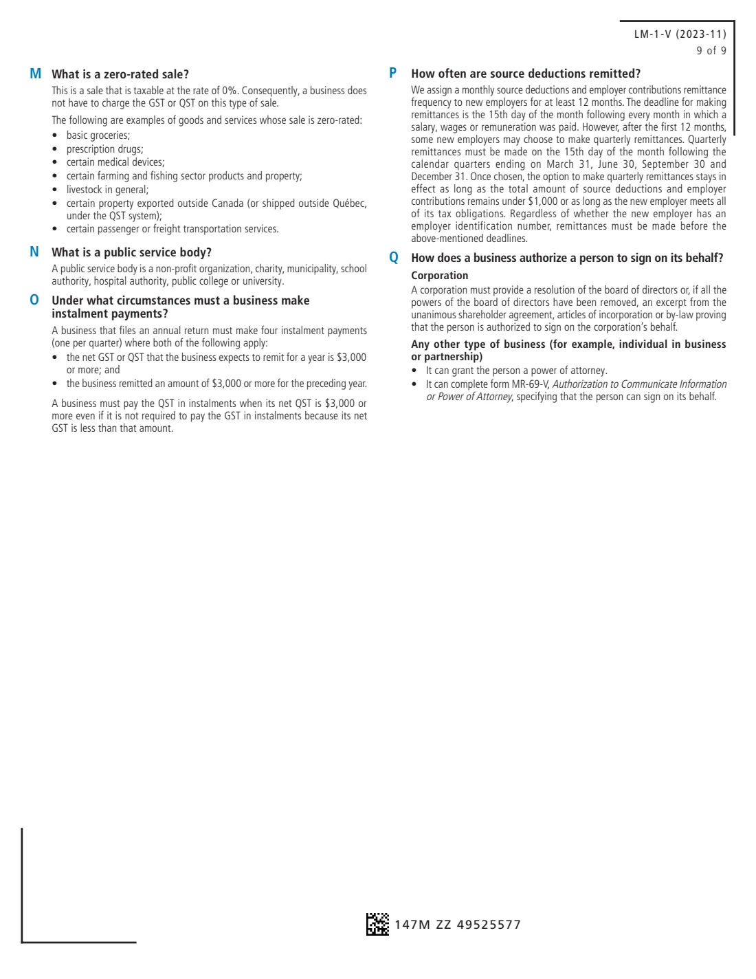 LM-1-V business registration (Revenu Québec) (2023) Application for Registration (GST, HST and Taxes Prescribed by Québec Legislation) — page 9 of 9