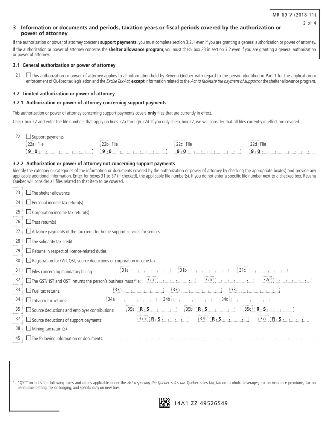 MR-69-V authorization or power of attorney (Revenu Québec) (2018) Authorization to Communicate Information or Power of Attorney — page 2 of 4
