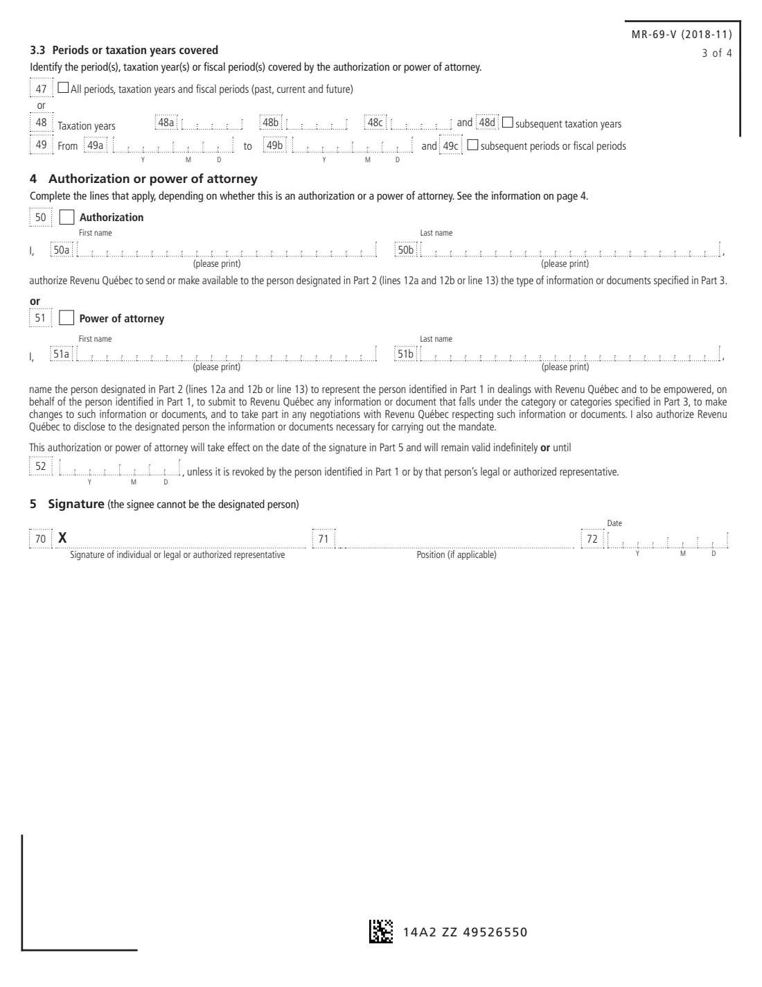 MR-69-V authorization or power of attorney (Revenu Québec) (2018) Authorization to Communicate Information or Power of Attorney — page 3 of 4