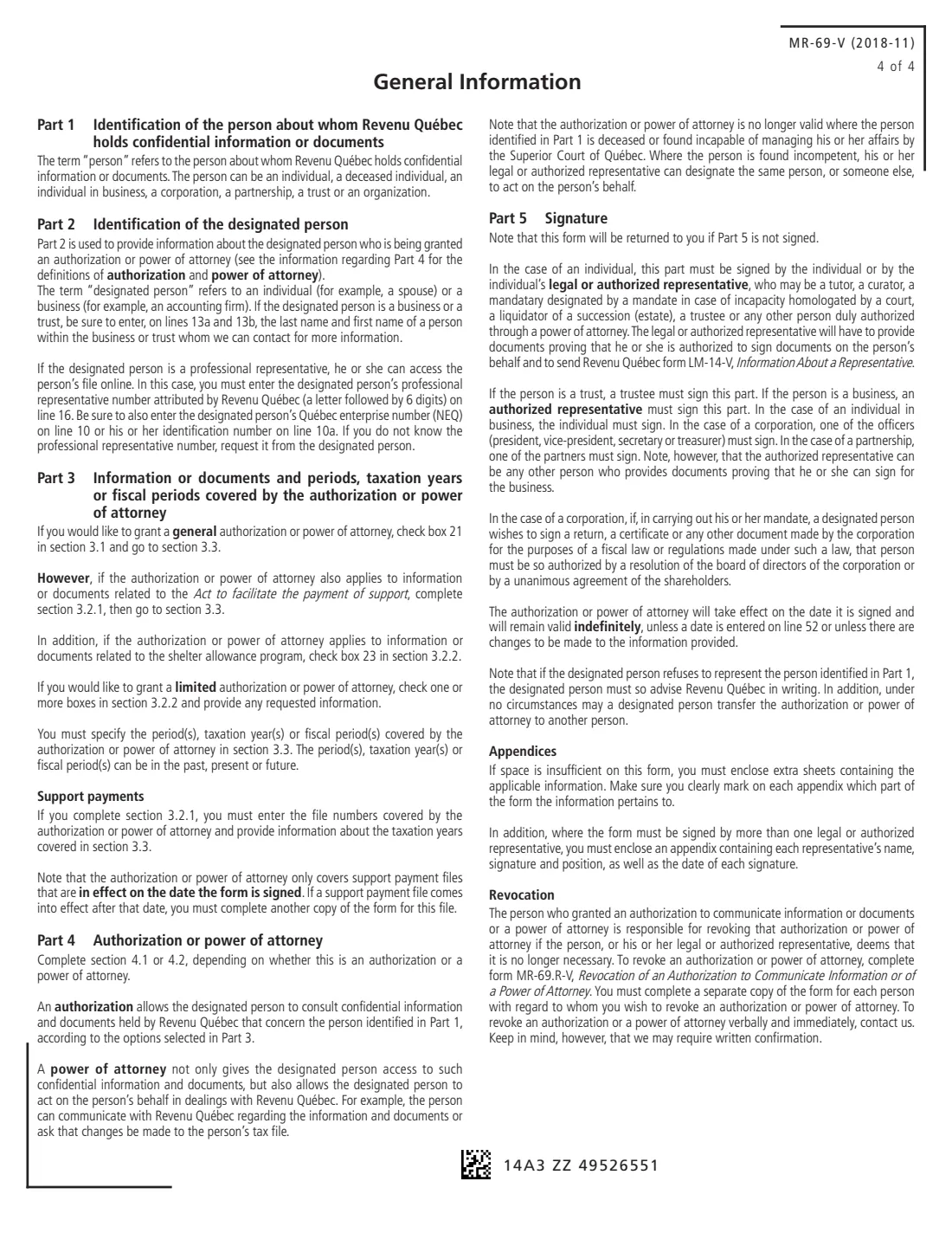 MR-69-V authorization or power of attorney (Revenu Québec) (2018) Authorization to Communicate Information or Power of Attorney — page 4 of 4