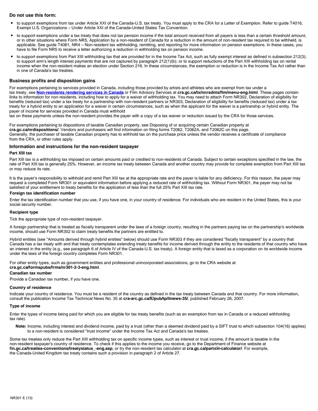 NR301 (2013) Declaration of Eligibility for Benefits (Reduced Tax) under a Tax Treaty for a Non-Resident Person — page 2 of 4