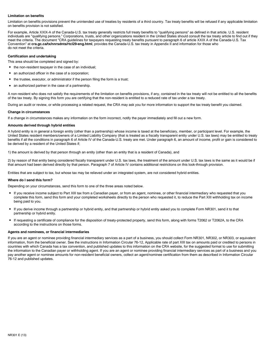 NR301 (2013) Declaration of Eligibility for Benefits (Reduced Tax) under a Tax Treaty for a Non-Resident Person — page 3 of 4