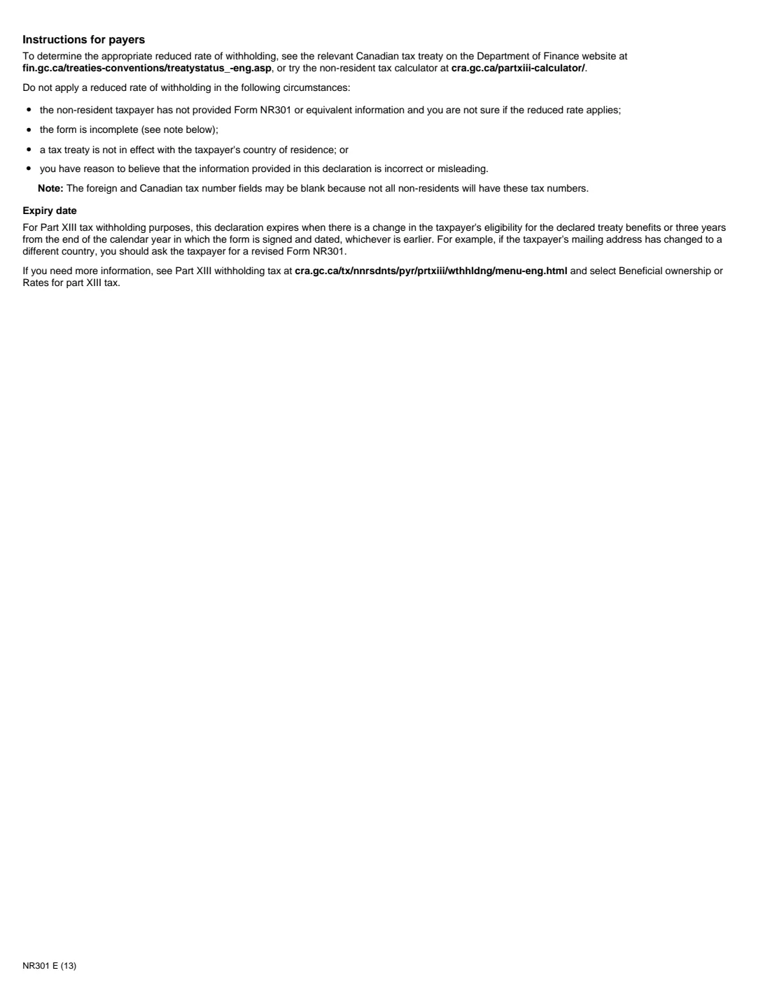 NR301 (2013) Declaration of Eligibility for Benefits (Reduced Tax) under a Tax Treaty for a Non-Resident Person — page 4 of 4