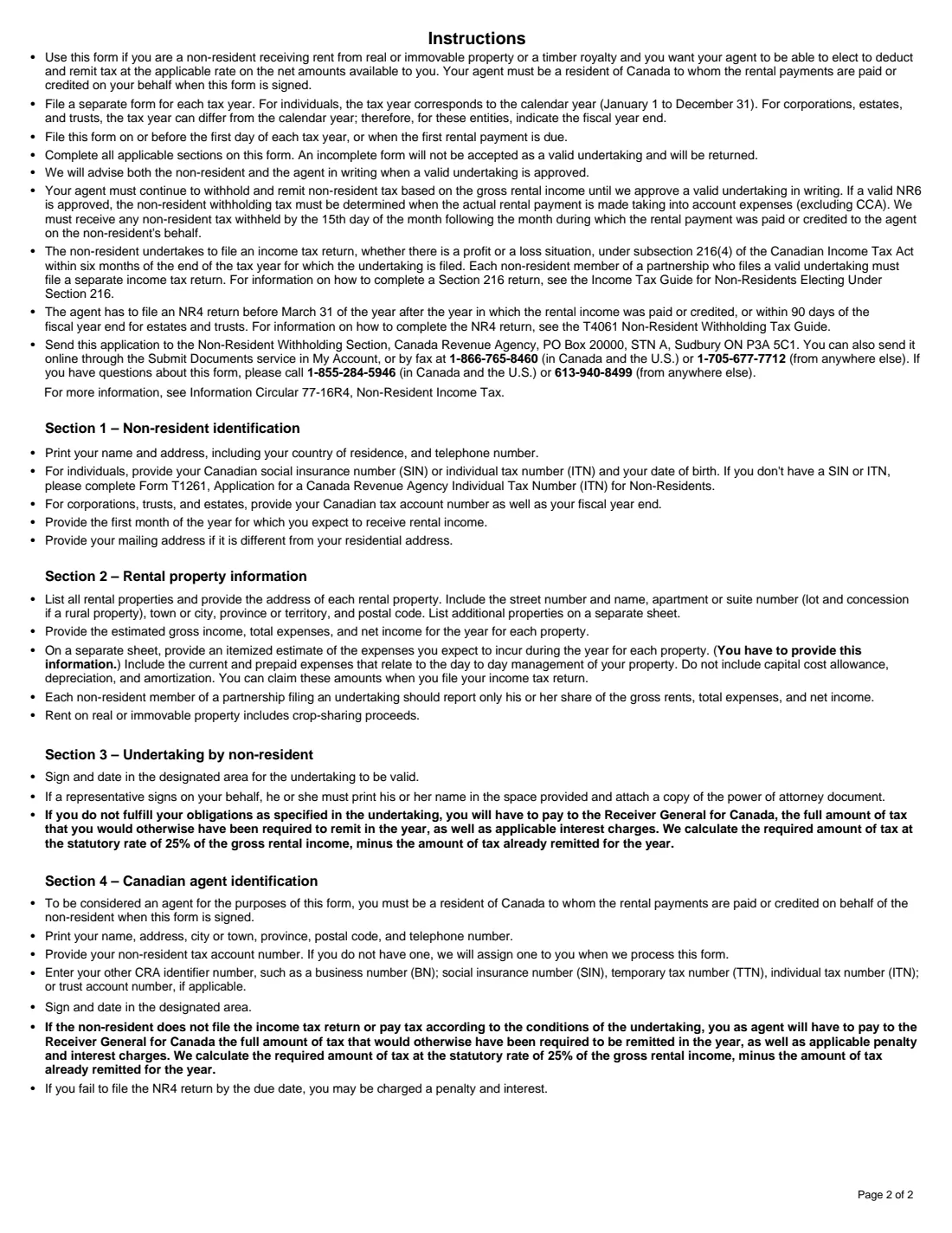 NR6 non-resident rental undertaking (2023) Undertaking to File an Income Tax Return by a Non-Resident Receiving Rent from Real or Immovable Property or Receiving a Timber Royalty — page 2 of 2
