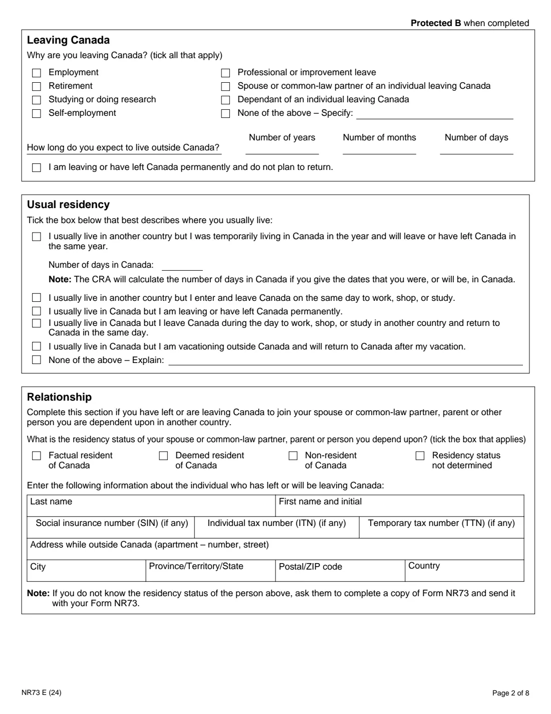 Form NR73 (2024) Determination of Residency Status (Leaving Canada) — page 2 of 8