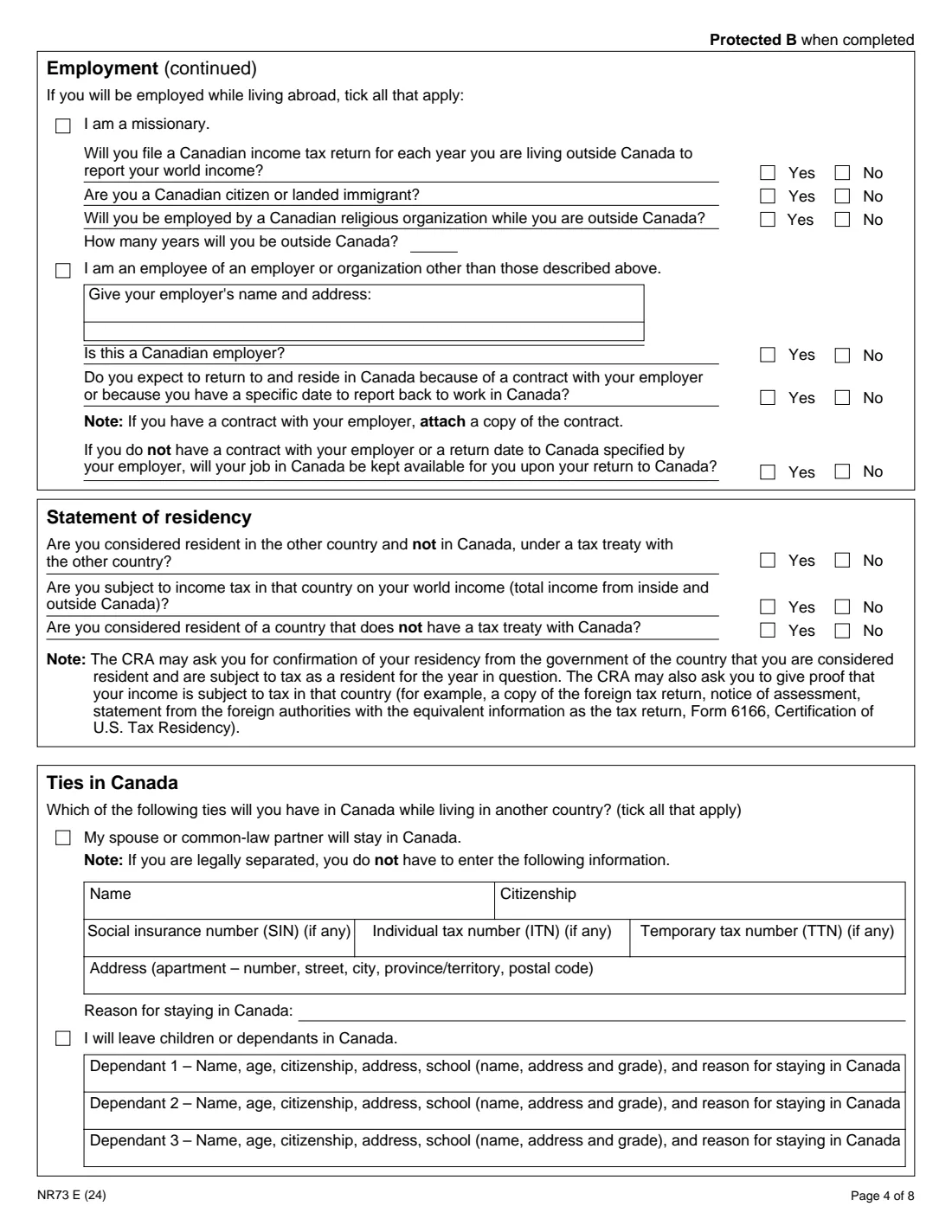 Form NR73 (2024) Determination of Residency Status (Leaving Canada) — page 4 of 8