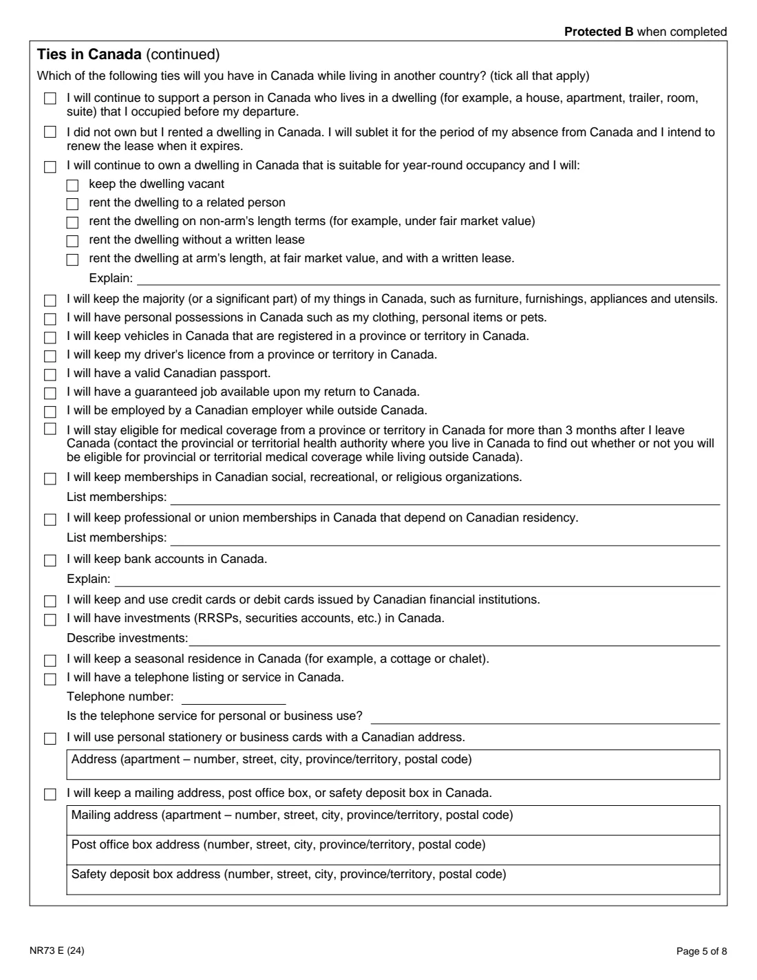 Form NR73 (2024) Determination of Residency Status (Leaving Canada) — page 5 of 8