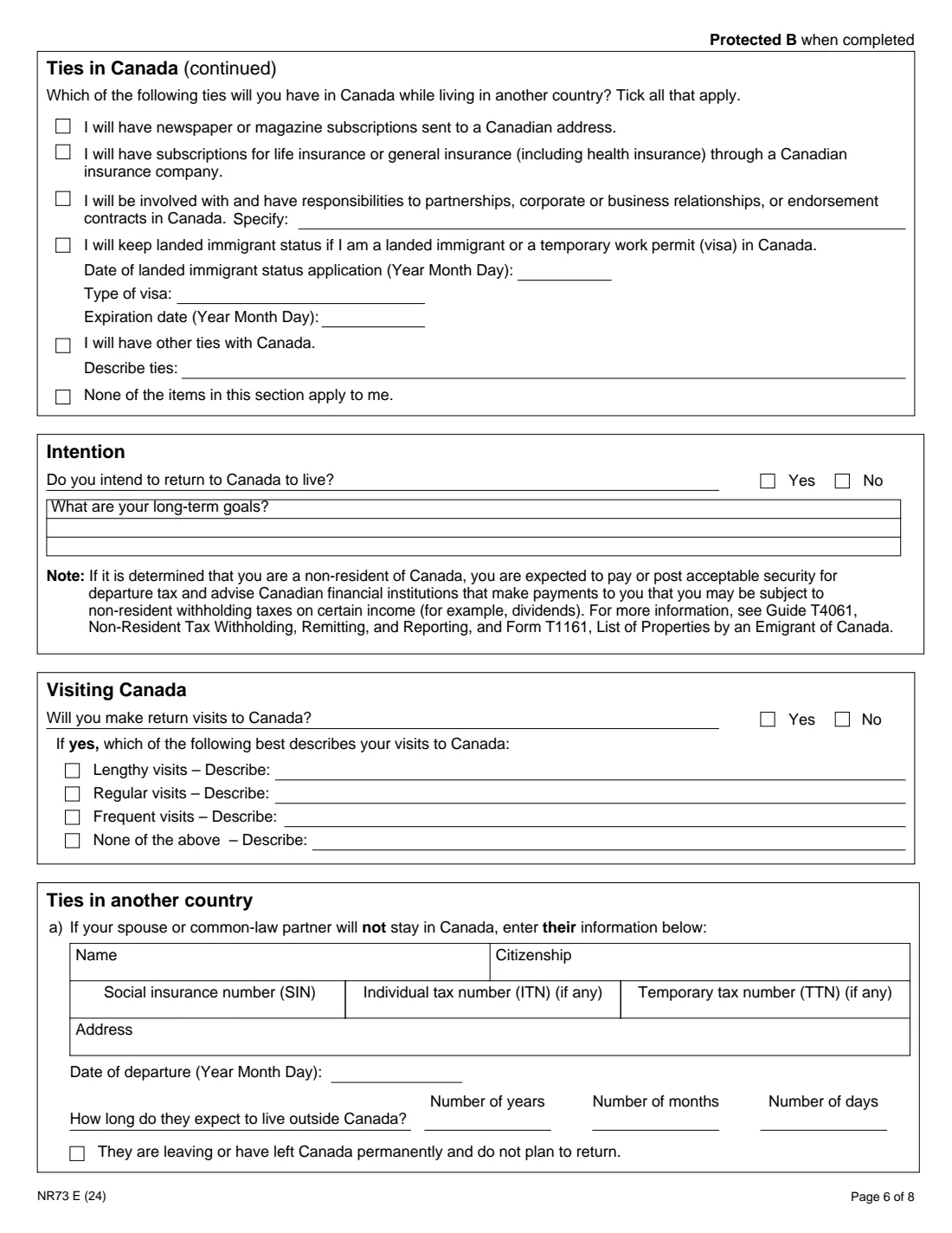 Form NR73 (2024) Determination of Residency Status (Leaving Canada) — page 6 of 8