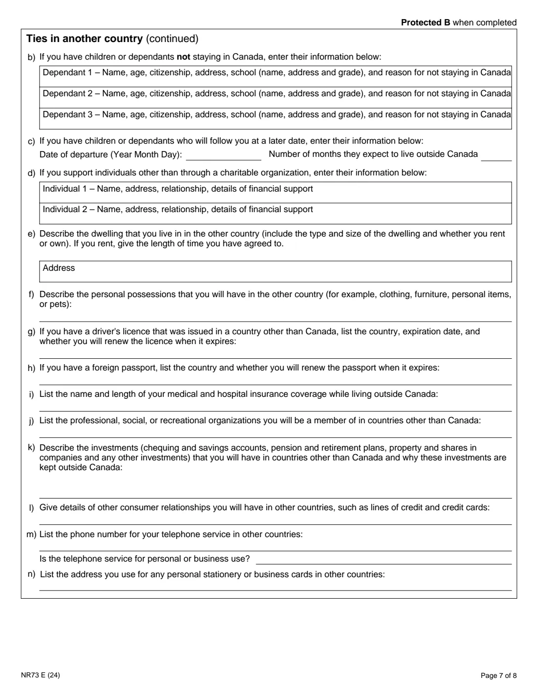 Form NR73 (2024) Determination of Residency Status (Leaving Canada) — page 7 of 8