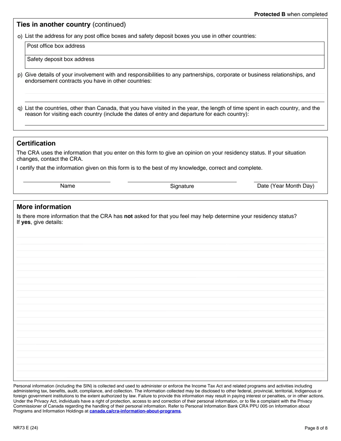 Form NR73 (2024) Determination of Residency Status (Leaving Canada) — page 8 of 8
