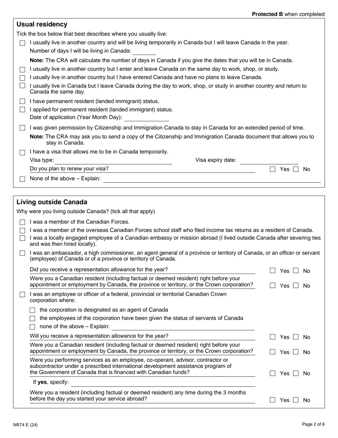 Form NR74 (2024) Determination of Residency Status (Entering Canada) — page 2 of 6