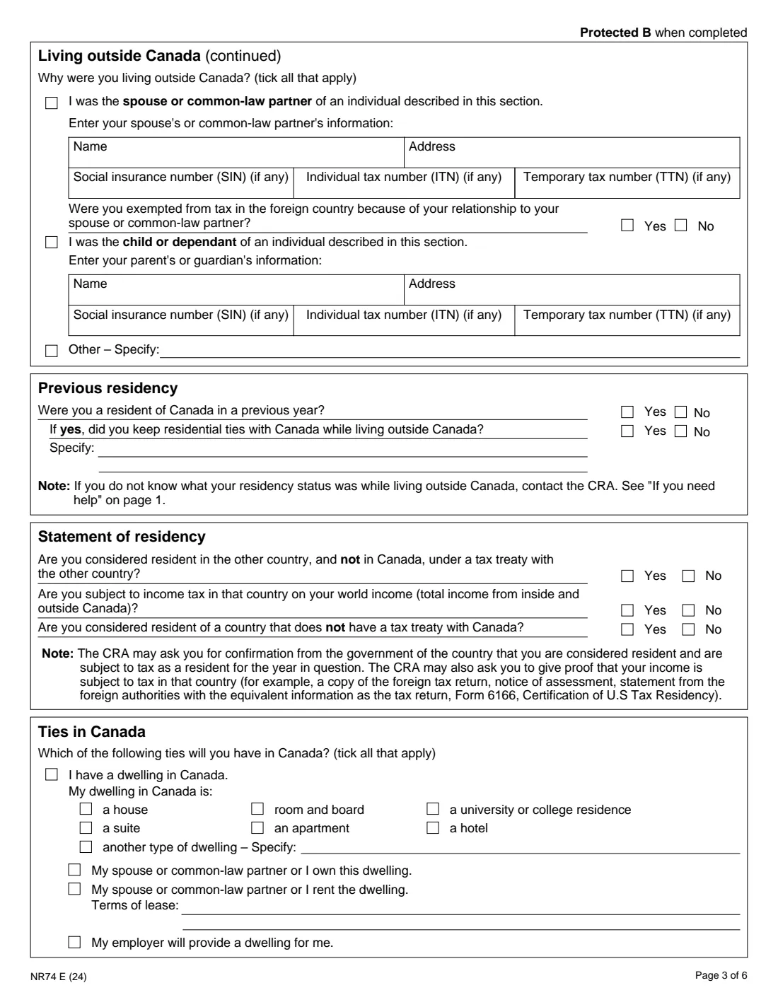 Form NR74 (2024) Determination of Residency Status (Entering Canada) — page 3 of 6