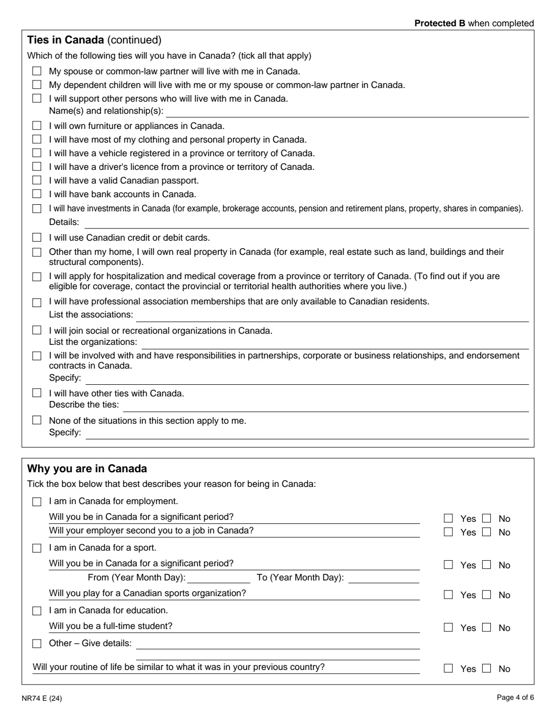 Form NR74 (2024) Determination of Residency Status (Entering Canada) — page 4 of 6