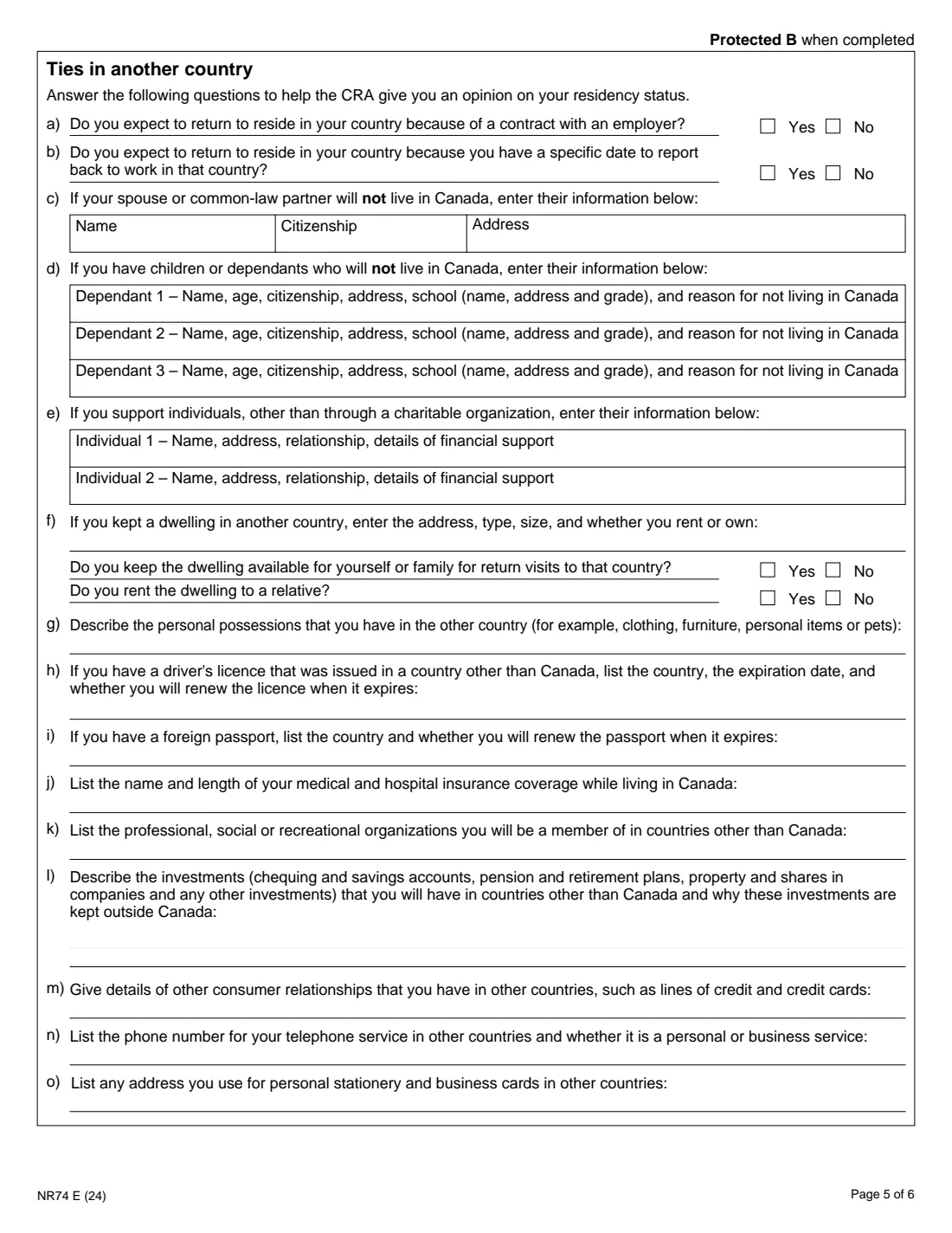 Form NR74 (2024) Determination of Residency Status (Entering Canada) — page 5 of 6