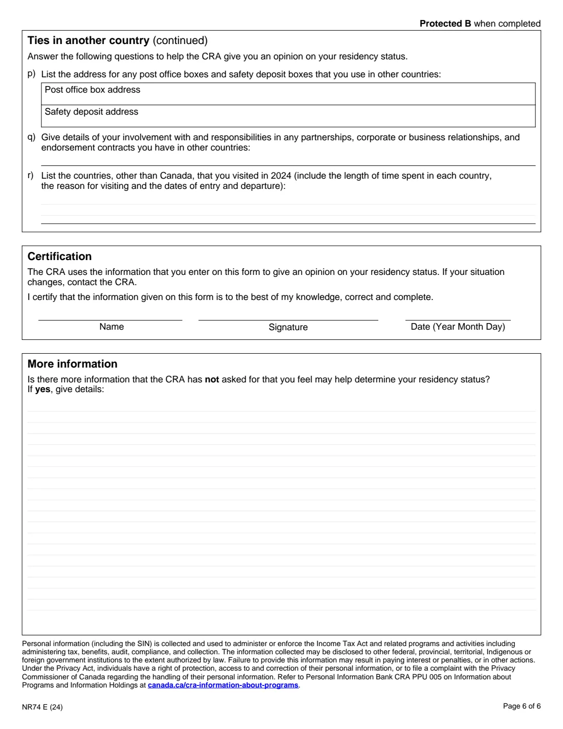 Form NR74 (2024) Determination of Residency Status (Entering Canada) — page 6 of 6