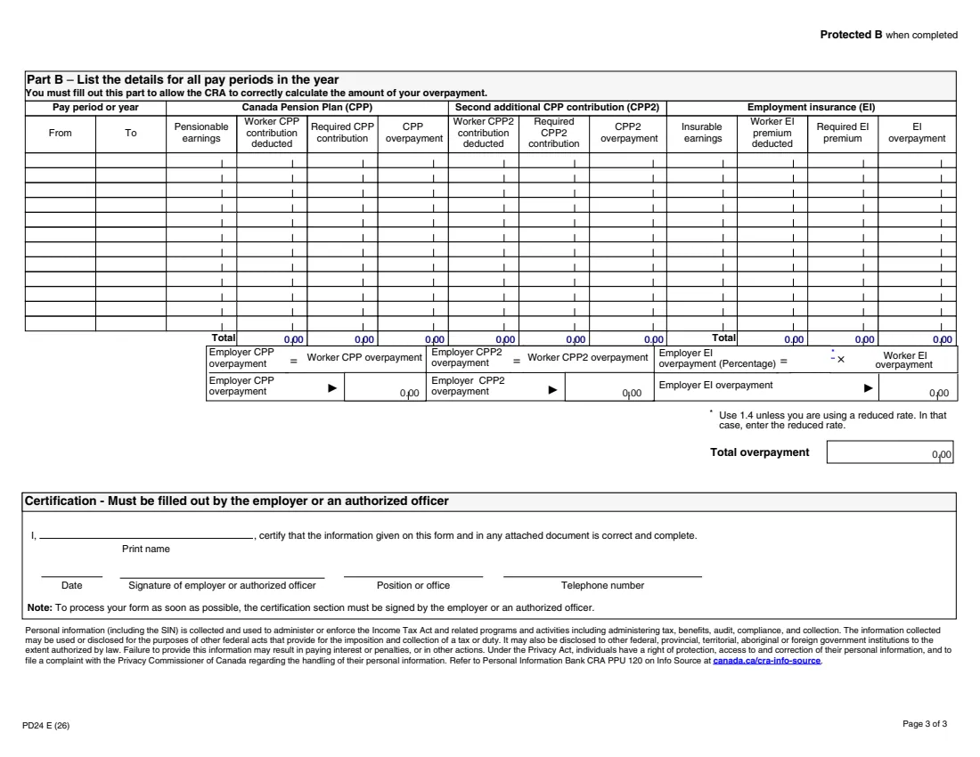 Form PD24 (2026) Application for a Refund of Overdeducted CPP Contributions or EI Premiums — page 3 of 3