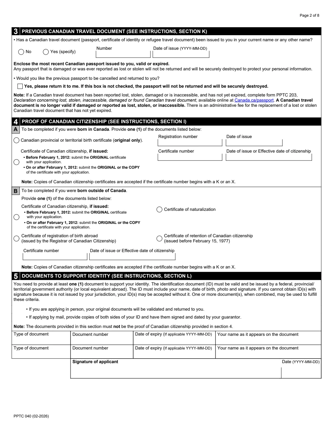 PPTC 040 (2026) Adult Abroad General Passport Application — for Canadians 16 years of age or over applying outside of Canada and the USA — page 2 of 8