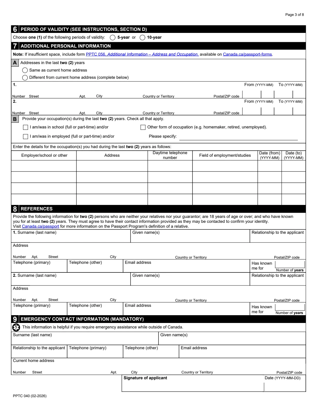 PPTC 040 (2026) Adult Abroad General Passport Application — for Canadians 16 years of age or over applying outside of Canada and the USA — page 3 of 8