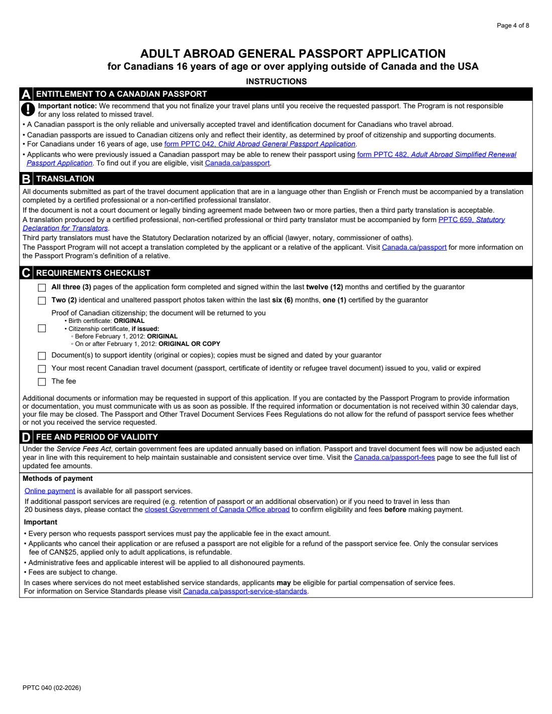 PPTC 040 (2026) Adult Abroad General Passport Application — for Canadians 16 years of age or over applying outside of Canada and the USA — page 4 of 8