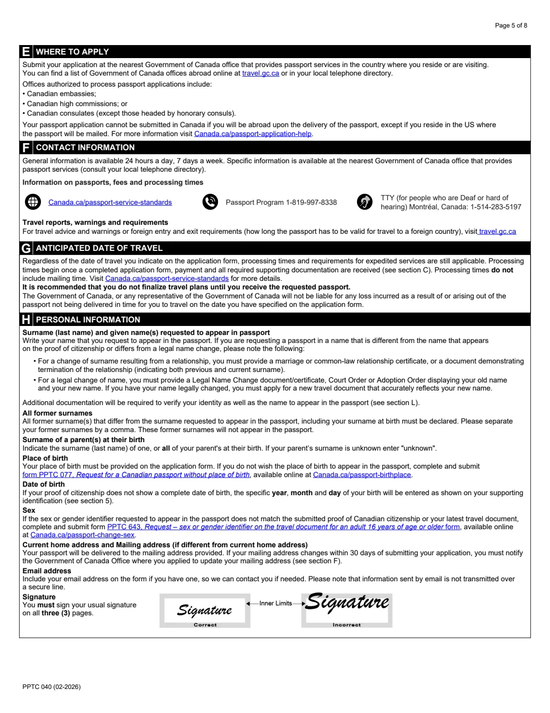 PPTC 040 (2026) Adult Abroad General Passport Application — for Canadians 16 years of age or over applying outside of Canada and the USA — page 5 of 8