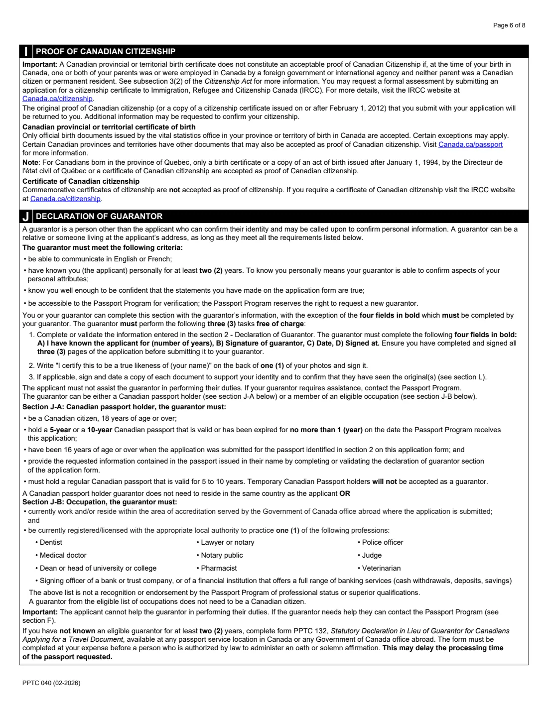 PPTC 040 (2026) Adult Abroad General Passport Application — for Canadians 16 years of age or over applying outside of Canada and the USA — page 6 of 8