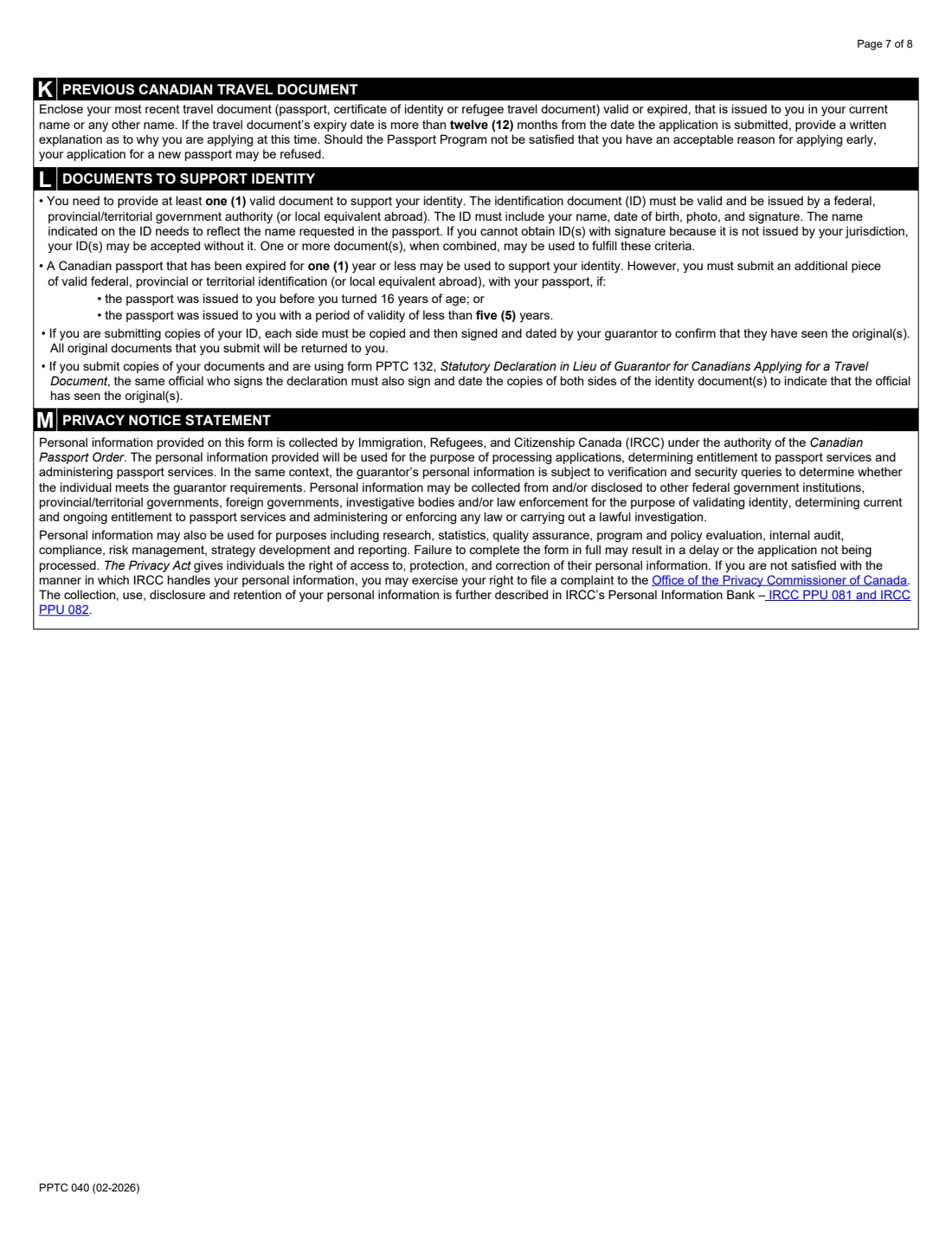 PPTC 040 (2026) Adult Abroad General Passport Application — for Canadians 16 years of age or over applying outside of Canada and the USA — page 7 of 8