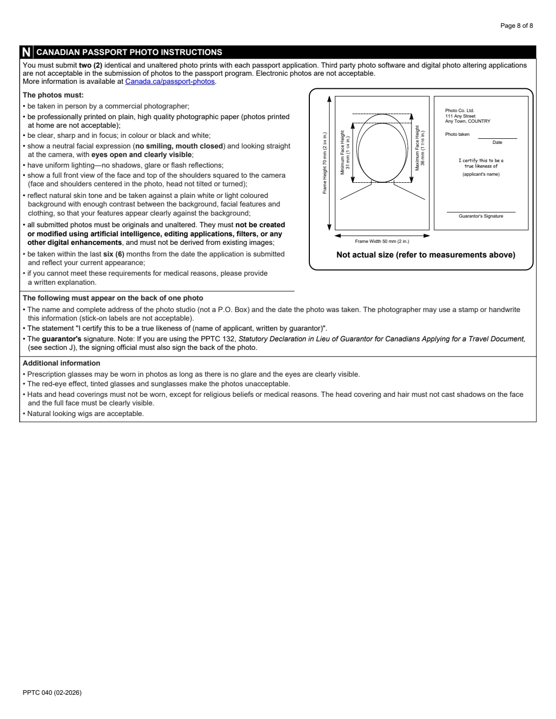 PPTC 040 (2026) Adult Abroad General Passport Application — for Canadians 16 years of age or over applying outside of Canada and the USA — page 8 of 8