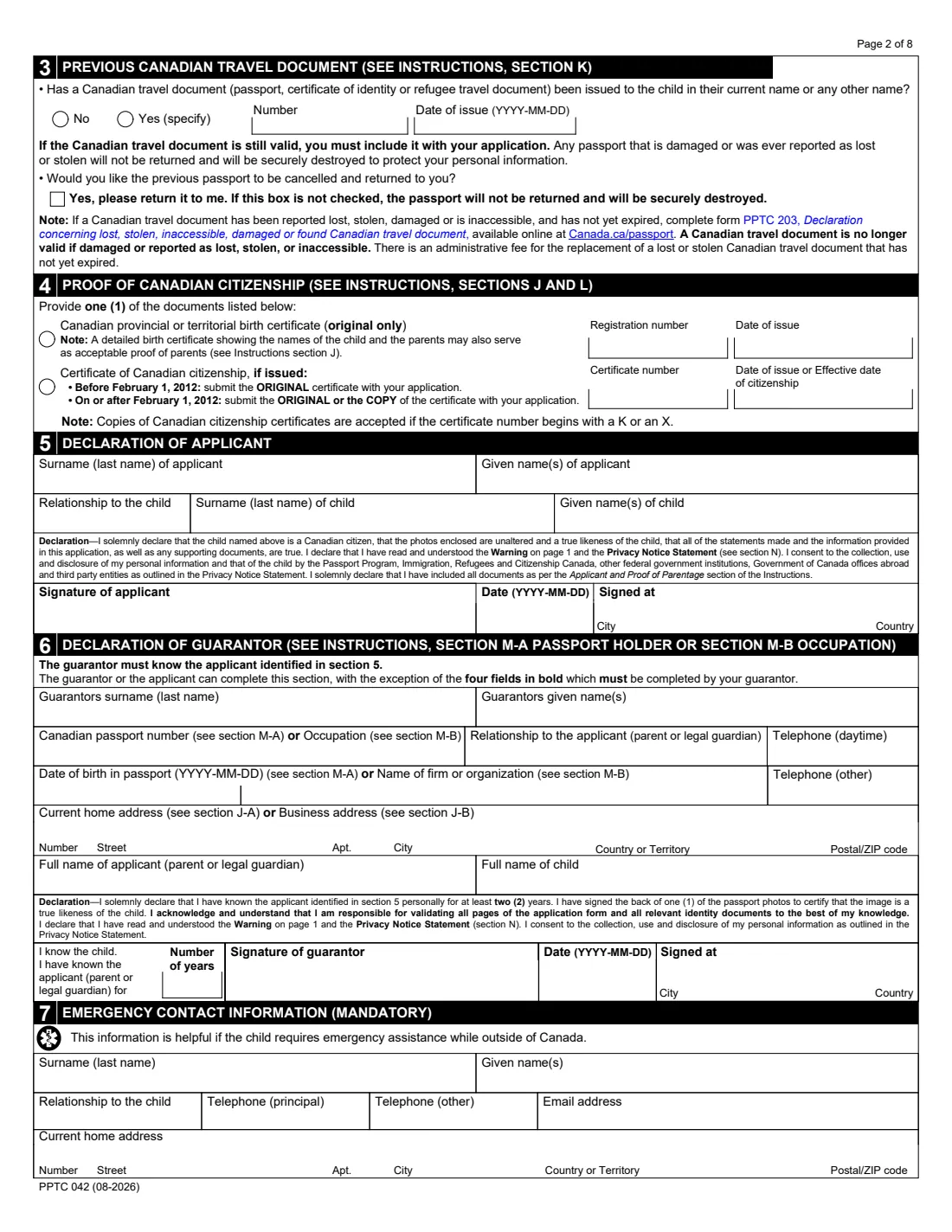 PPTC 042 (2026) Child Abroad General Passport Application (outside Canada and the USA, under 16) — page 2 of 8