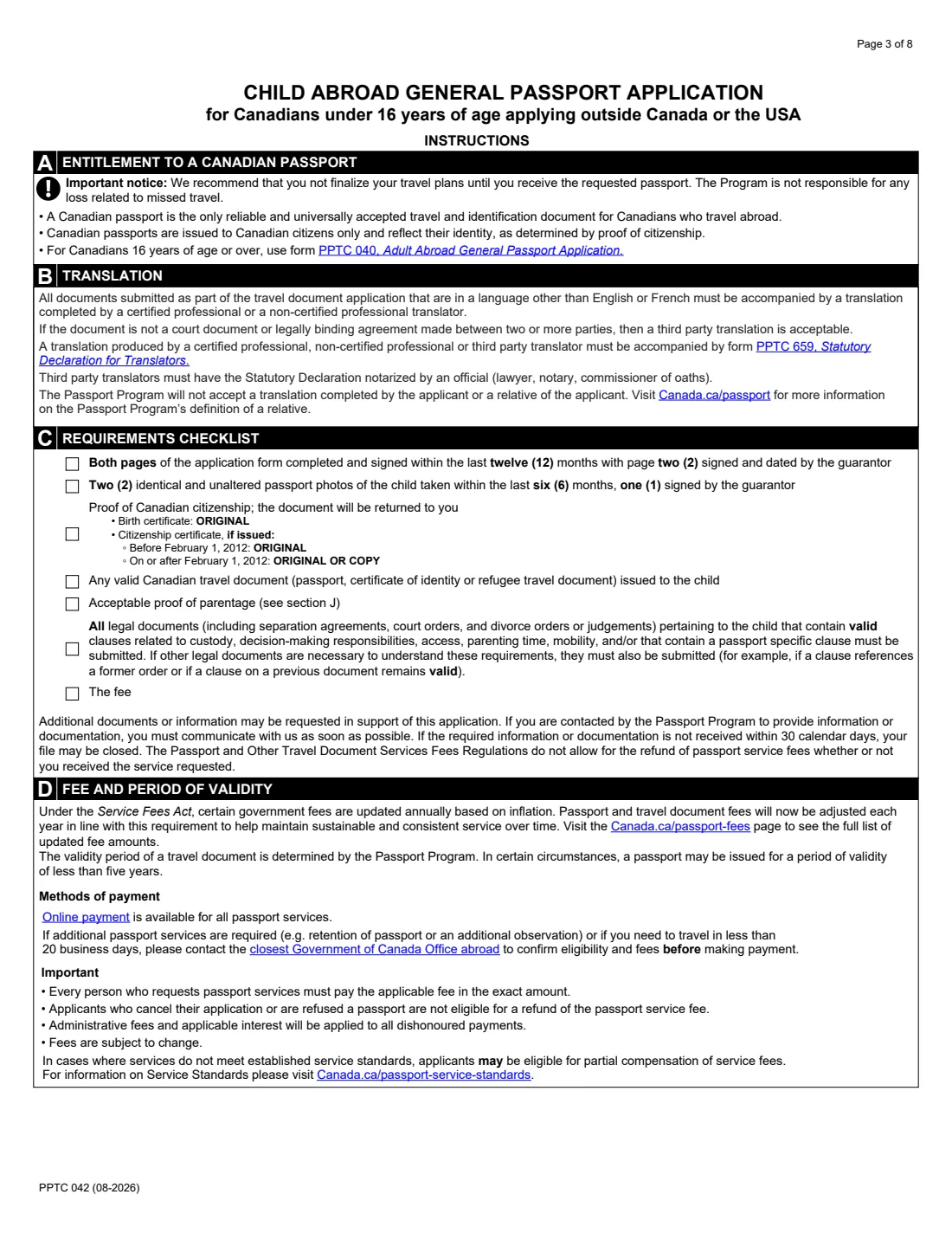 PPTC 042 (2026) Child Abroad General Passport Application (outside Canada and the USA, under 16) — page 3 of 8