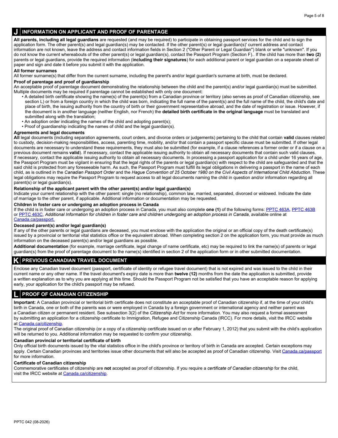 PPTC 042 (2026) Child Abroad General Passport Application (outside Canada and the USA, under 16) — page 5 of 8