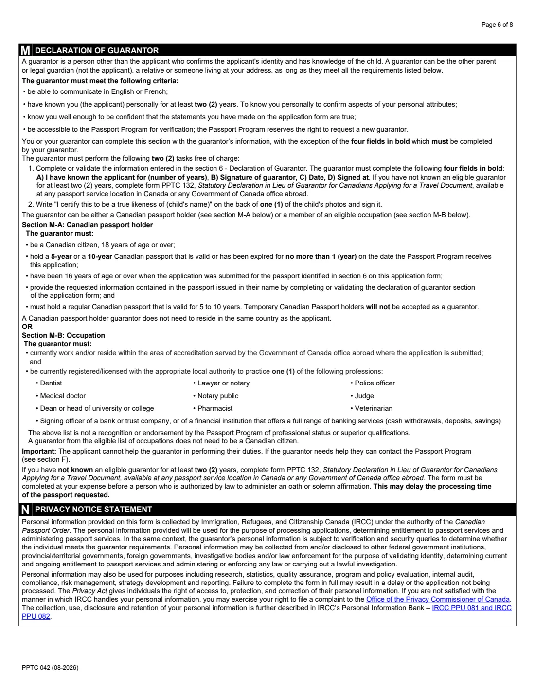 PPTC 042 (2026) Child Abroad General Passport Application (outside Canada and the USA, under 16) — page 6 of 8