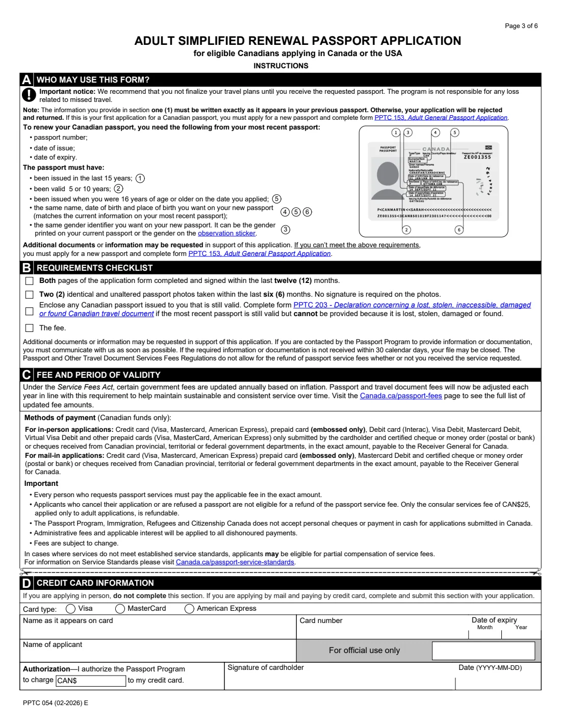PPTC 054 (2026) Adult Simplified Renewal Passport Application — page 3 of 6