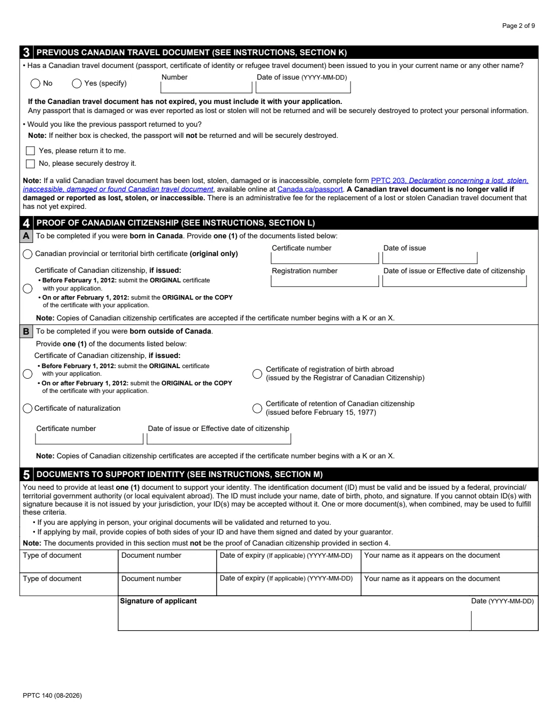 PPTC 140 (in the USA) (2026) Adult General Passport Application (in the USA) for Canadians 16 years of age or over — page 2 of 9