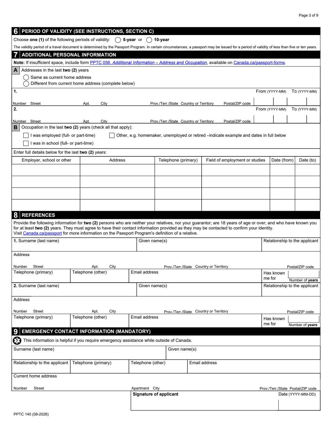 PPTC 140 (in the USA) (2026) Adult General Passport Application (in the USA) for Canadians 16 years of age or over — page 3 of 9