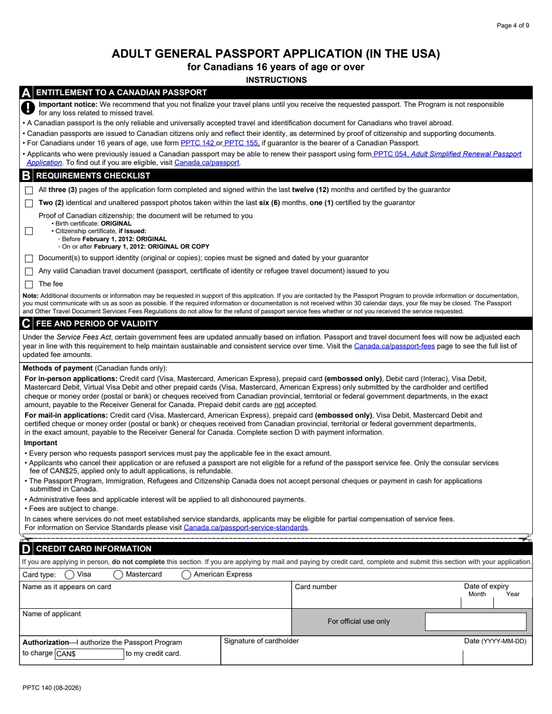 PPTC 140 (in the USA) (2026) Adult General Passport Application (in the USA) for Canadians 16 years of age or over — page 4 of 9
