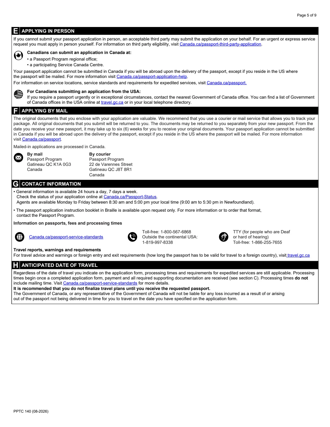 PPTC 140 (in the USA) (2026) Adult General Passport Application (in the USA) for Canadians 16 years of age or over — page 5 of 9