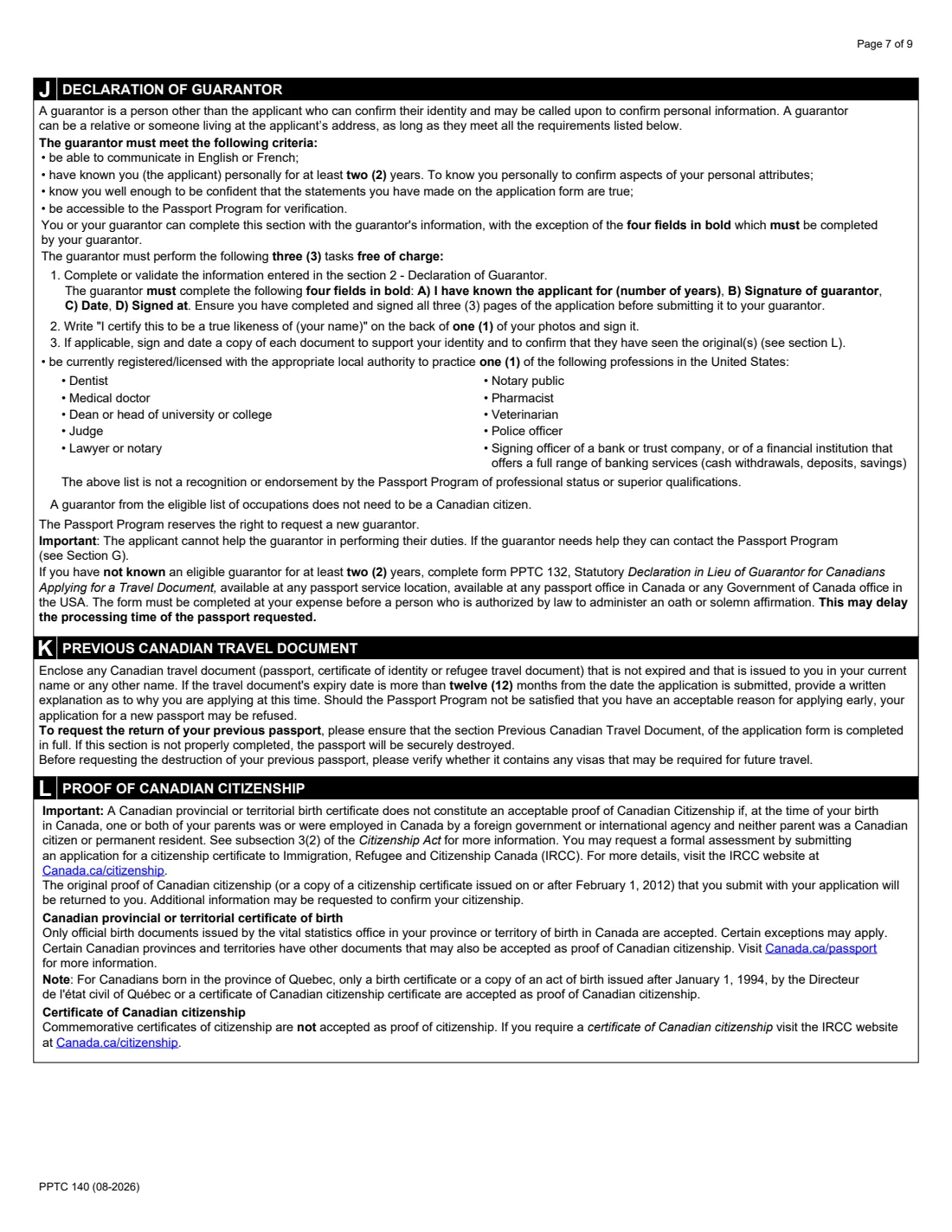 PPTC 140 (in the USA) (2026) Adult General Passport Application (in the USA) for Canadians 16 years of age or over — page 7 of 9