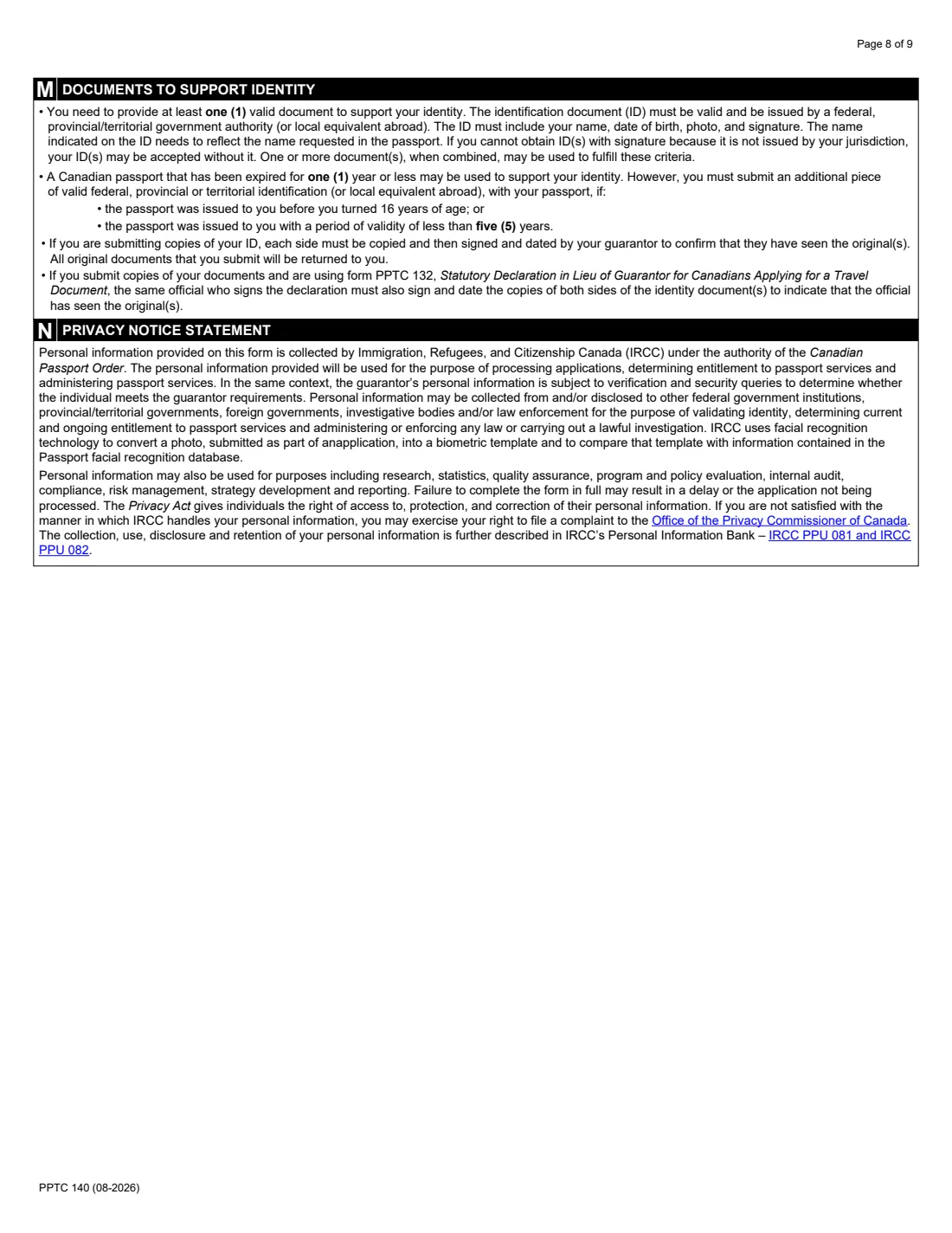 PPTC 140 (in the USA) (2026) Adult General Passport Application (in the USA) for Canadians 16 years of age or over — page 8 of 9