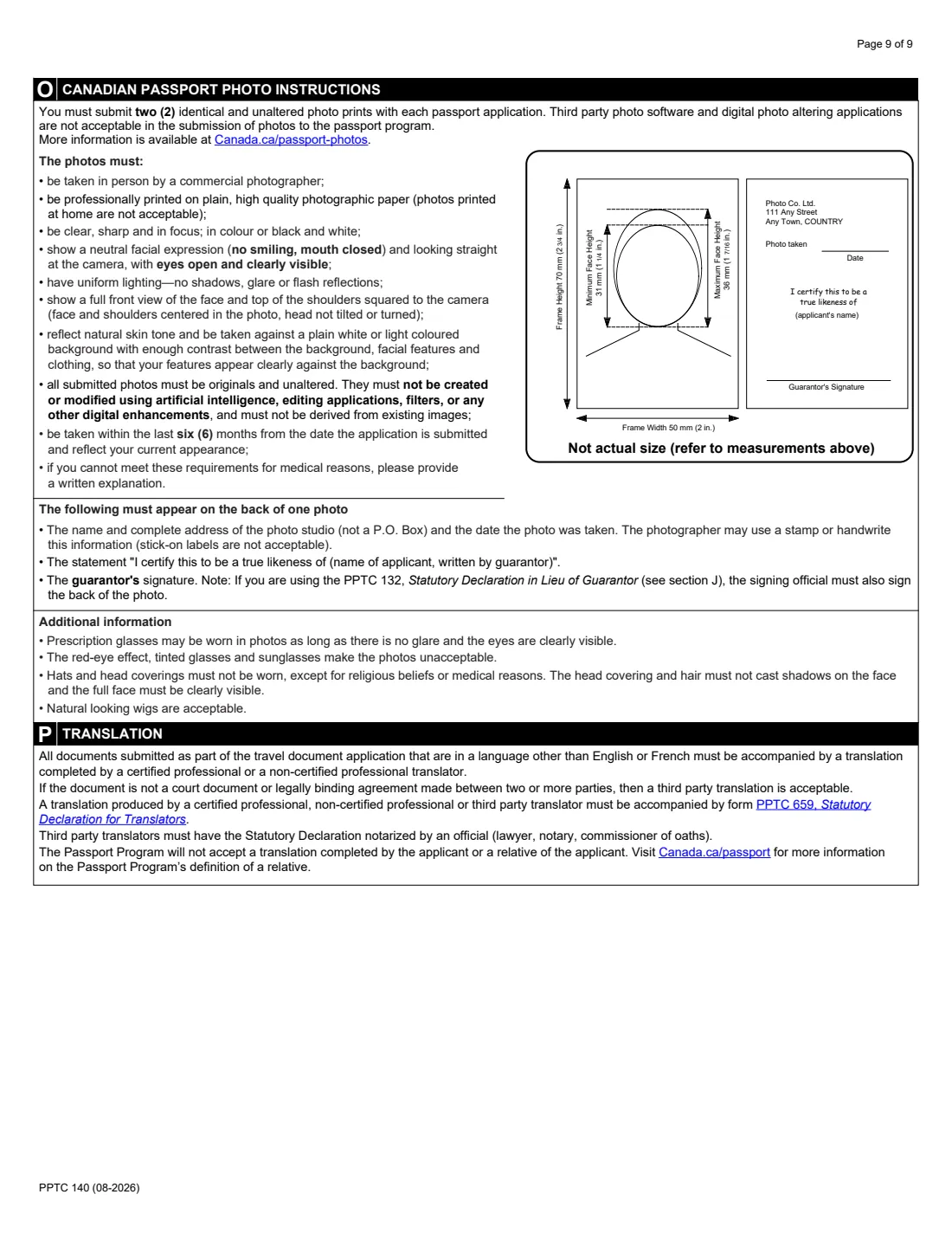 PPTC 140 (in the USA) (2026) Adult General Passport Application (in the USA) for Canadians 16 years of age or over — page 9 of 9