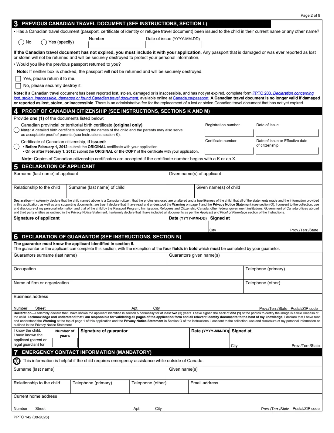 PPTC 142 (2026) Child General Passport Application (in the USA) for Canadians under 16 years of age — page 2 of 9