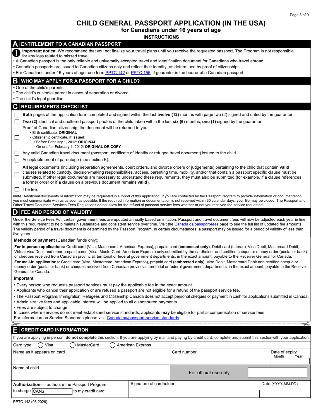 PPTC 142 (2026) Child General Passport Application (in the USA) for Canadians under 16 years of age — page 3 of 9
