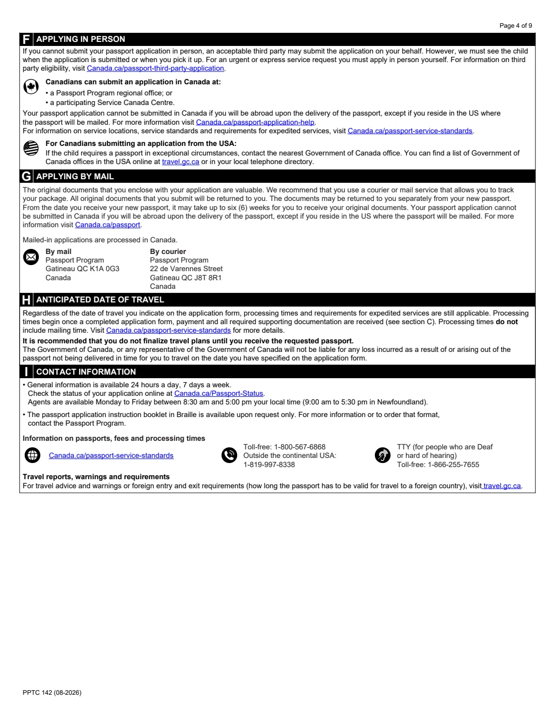 PPTC 142 (2026) Child General Passport Application (in the USA) for Canadians under 16 years of age — page 4 of 9
