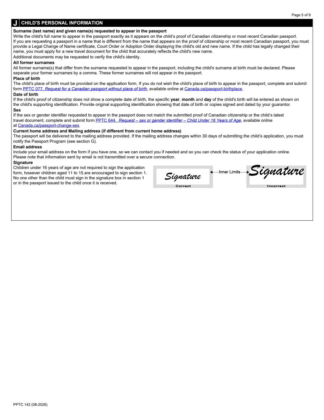 PPTC 142 (2026) Child General Passport Application (in the USA) for Canadians under 16 years of age — page 5 of 9