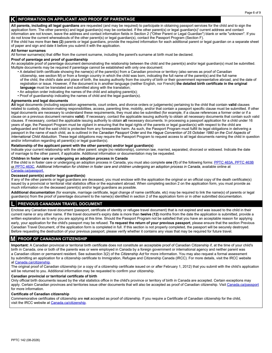 PPTC 142 (2026) Child General Passport Application (in the USA) for Canadians under 16 years of age — page 6 of 9