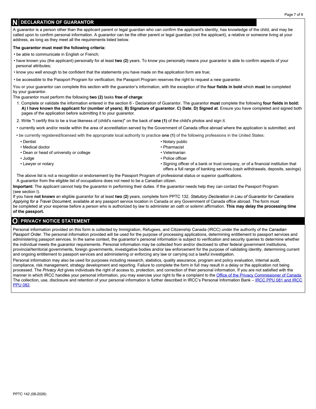 PPTC 142 (2026) Child General Passport Application (in the USA) for Canadians under 16 years of age — page 7 of 9