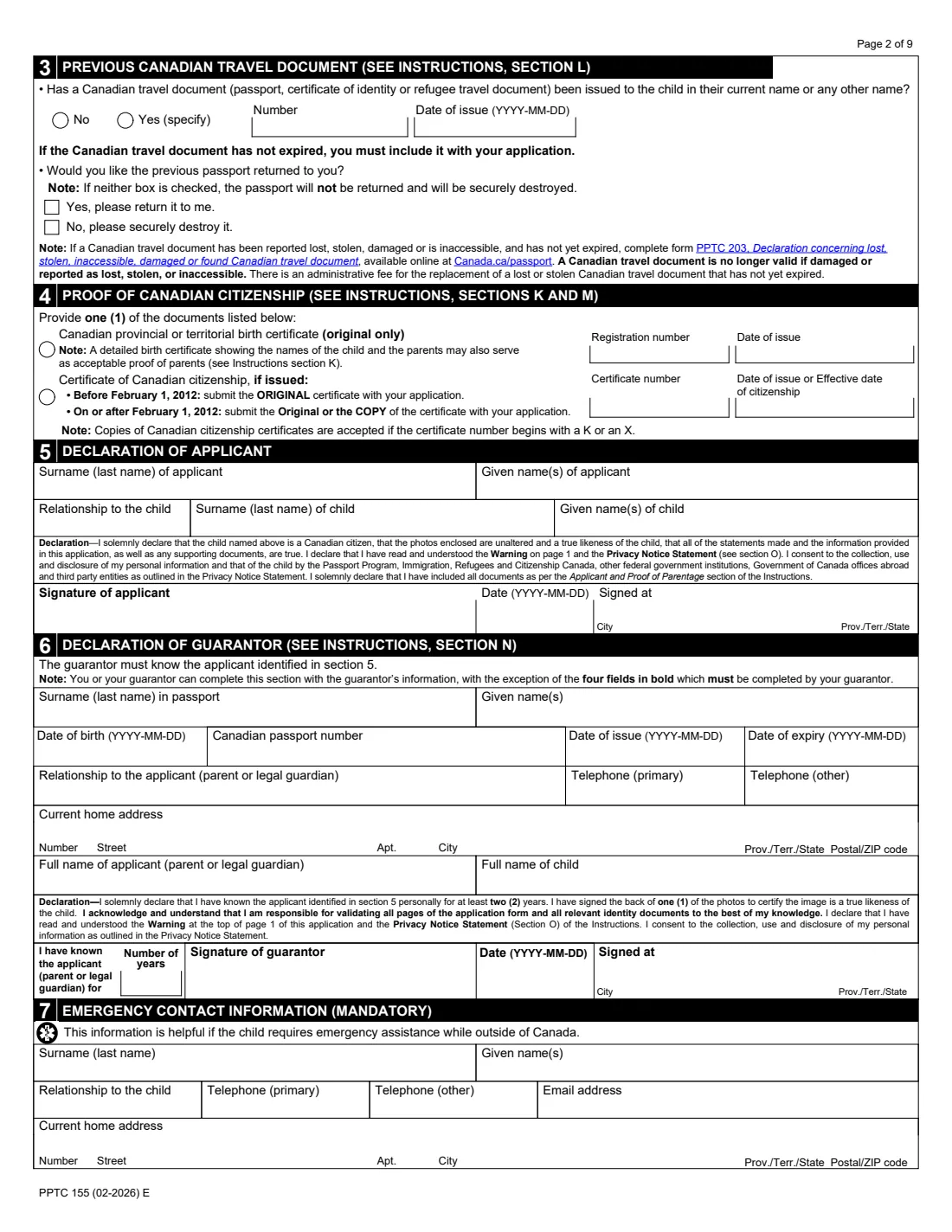 PPTC 155 (2026) Child General Passport Application (under 16 years of age) — page 2 of 9