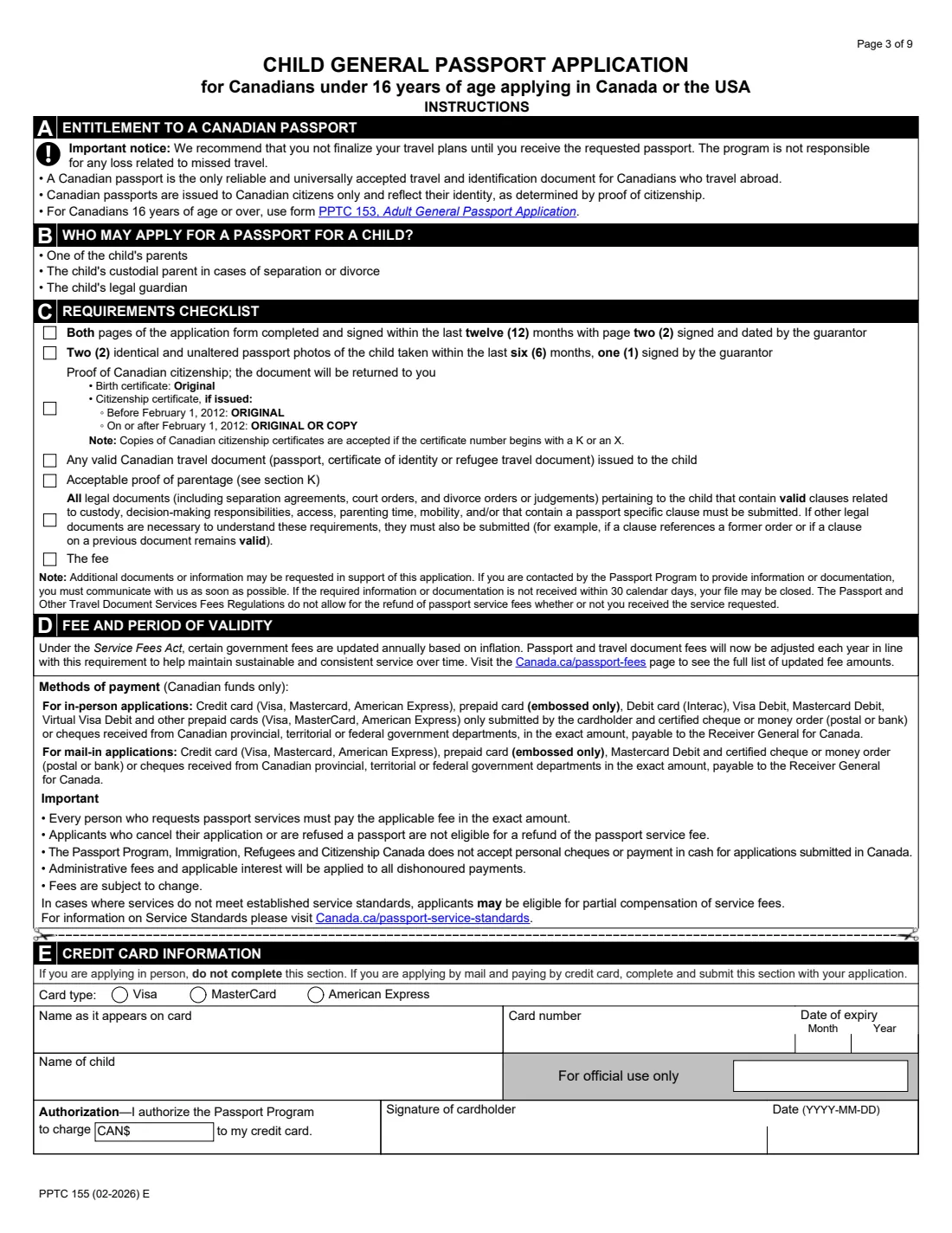 PPTC 155 (2026) Child General Passport Application (under 16 years of age) — page 3 of 9