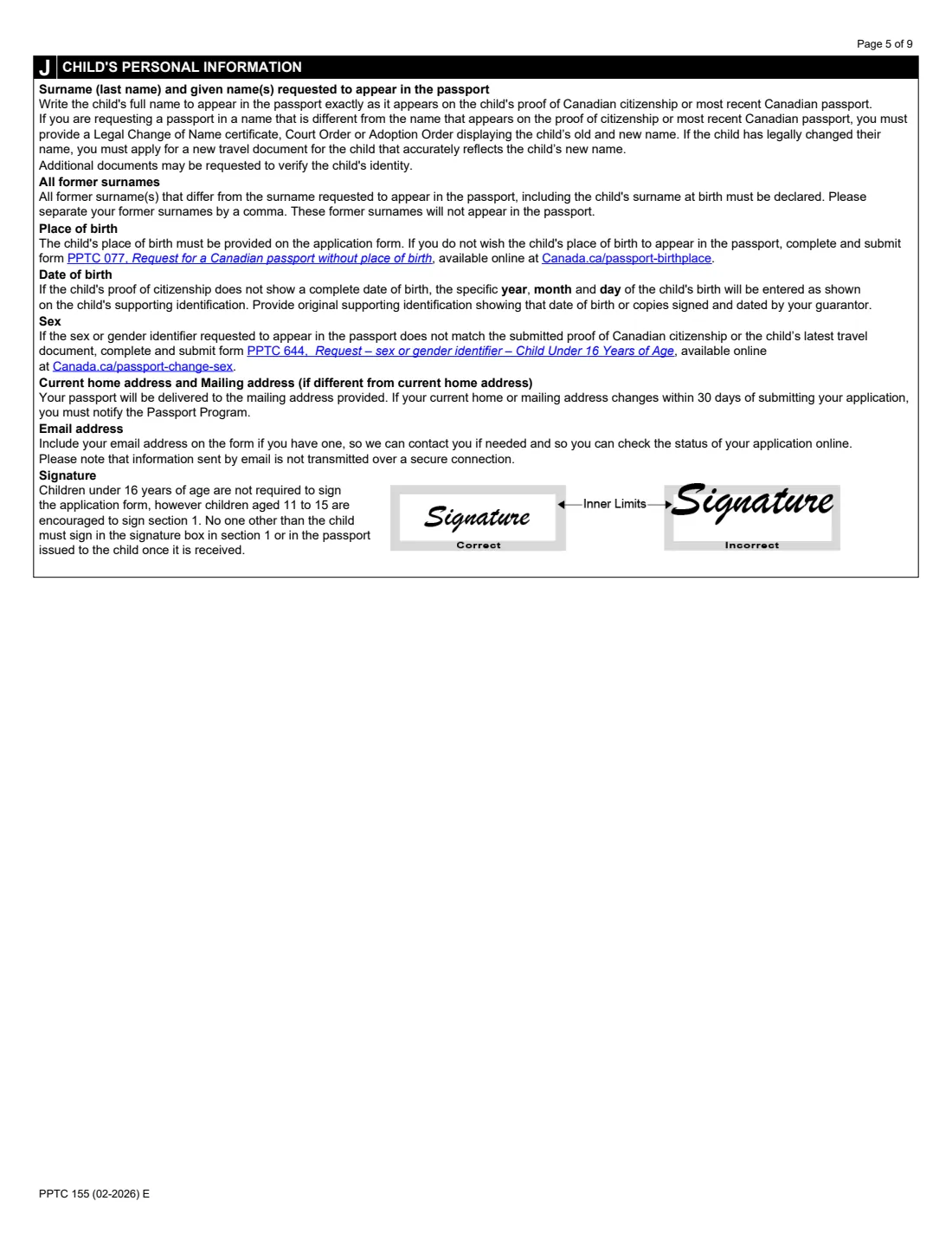 PPTC 155 (2026) Child General Passport Application (under 16 years of age) — page 5 of 9