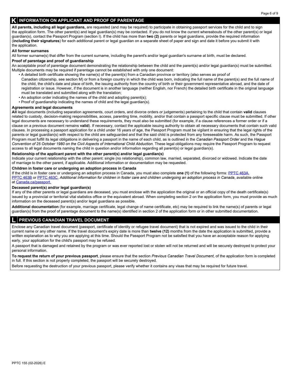 PPTC 155 (2026) Child General Passport Application (under 16 years of age) — page 6 of 9