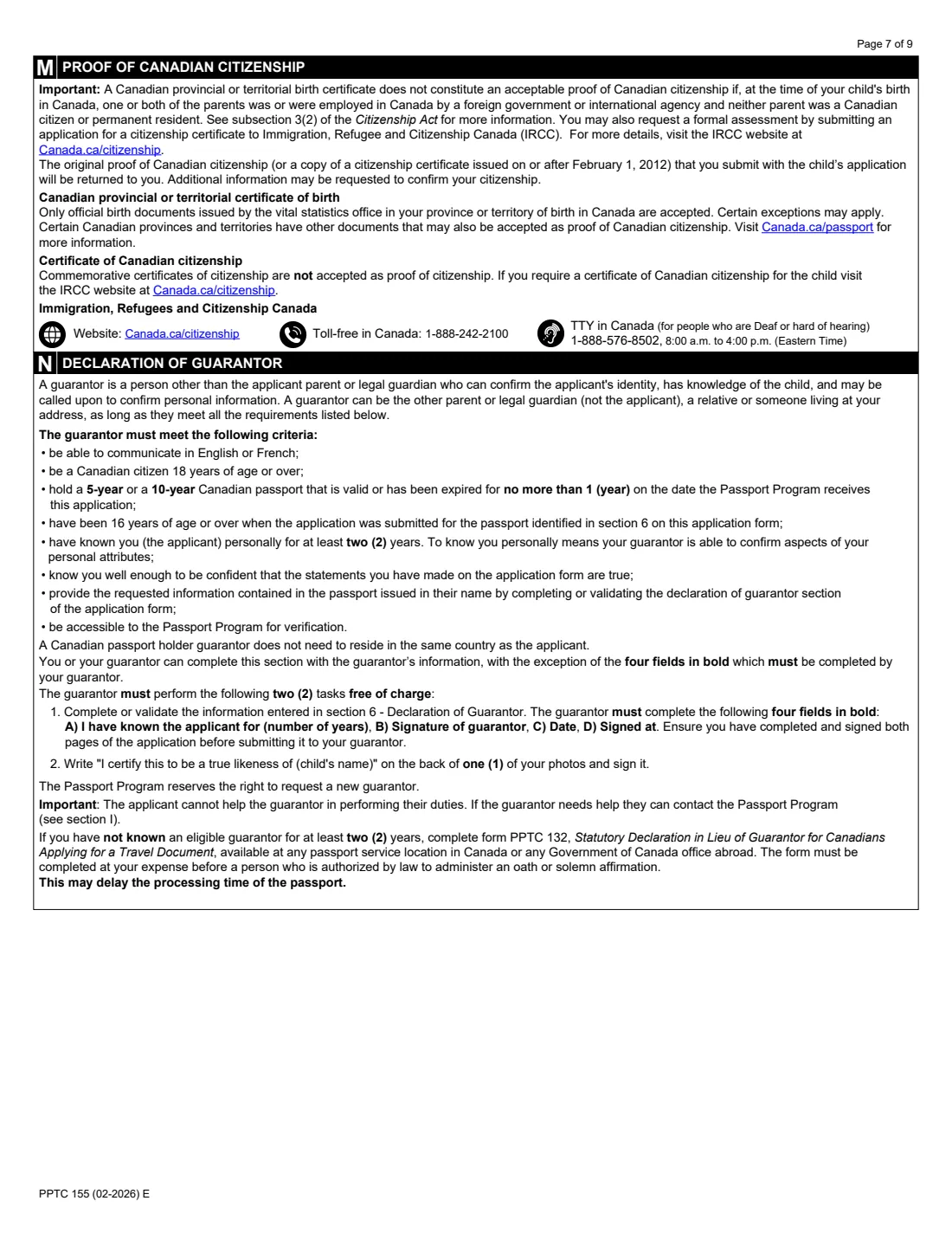 PPTC 155 (2026) Child General Passport Application (under 16 years of age) — page 7 of 9